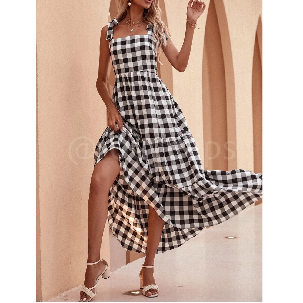 Gingham Dress Black White Plaid Checker Grid Maxi Long Tie Straps Flowy - Picture 3 of 7